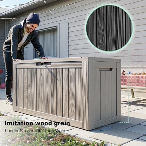 Outdoor Waterproof Resin Storage Deck Box Lockable Outside Bench UV Resistant Bin Patio Porch Furniture Pool Float Garden Tool Cushion (Grey, 90 Gallon) - Image 2