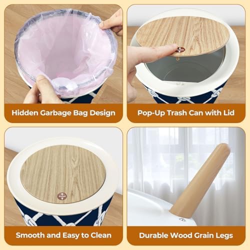 Trash Can with Lid Seamless nautical rope Endless navy white loop ornament Marine Carrick Small Garbage Can with Legs Waste Bin Press Cover Wastebasket for Kitchen Bathroom Living Room 7L/1.8 Gallon - Image 4