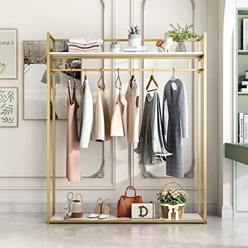 Heavy Duty Gold Clothing Rack with Shelves for Hanging Clothing, Gold Metal Freestanding Garment Rack for Retail Display (59" L) by FONECHIN
