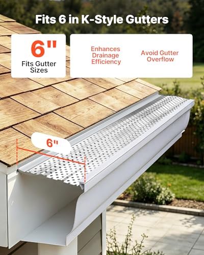 VEVOR Gutter Guard, 6 in Aluminum Gutter Cover Heavy-Duty, 52ft Length Protection Cover for Leaf & Debris, 0.02 in Thickness Mill Finish, Easy DIY Install, Fast Drainage, Screws Included, 13 PCS - Image 4