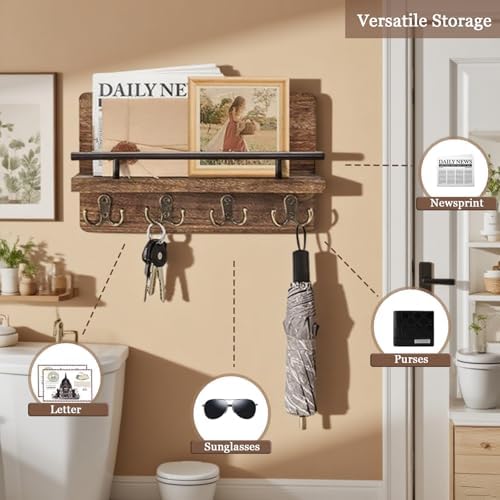 Key Holder for Wall, Wooden Key Hooks Wall Mount Mail Organizer Hanger Rustic Wooden Mail Rack Organizer with Hooks for Home Mudroom Office Entryway Hallway - Image 4