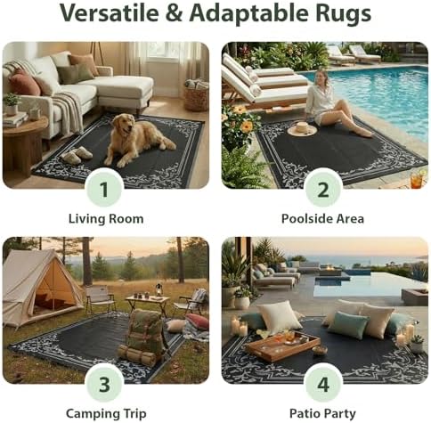 wikiwiki 9x18ft Outdoor Rug, Reversible Plastic Patio Rug Waterproof, Indoor Outdoor Carpet Clearance, Large Area Carpet for Patio Deck Balcony Pool RV Camping Beach Picnic, Classic Black - Image 6
