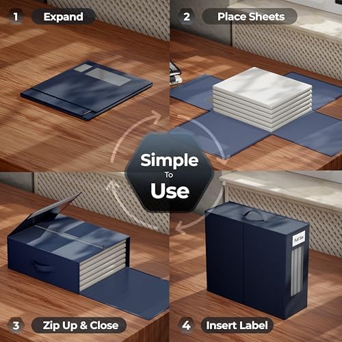 TIMBLE Bed Sheet Organizers & Storage, 10 Pack for King, Queen & Large Sheet Sets, Closet Organizer for Linens, Clothes, Blankets & Bedding, Foldable Fabric Bins with Handle, Name Tag & Window (Navy) - Image 3