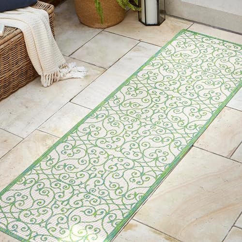 Eyely Filigree Weave Runner Rug 2X10 Cream/Green, Indoor Outdoor Rug by eyely