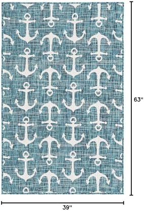 Unique Loom Outdoor Coastal Collection Area Rug - Ahoy (3' 3" x 5' 3" Rectangle, Teal/ Ivory) - Image 2