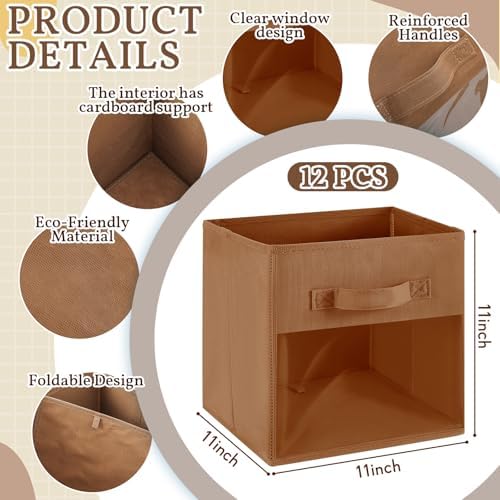Marsui 12 Pcs Clear Cube Storage Bins Collapsible Fabric for Kids, Brown - Image 2
