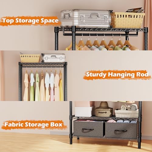 M MZG Heavy Duty Rolling Garment Rack 3 Tiers Adjustable Wire Shelving with Rod, Storage Closet Clothing Rack with Drawers Dark Grey, 15.8" D x 35.5" W x 72.4" H - Image 3