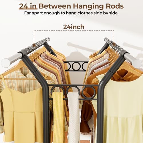 HYSEYY Heavy Duty Clothes Rack, Rolling Clothing Rack With Shelves Load 620 LBS, Double Rod Clothing Racks for Hanging Clothes, Portable& Adjustable Clothes Rack with Wheels,Black - Image 3
