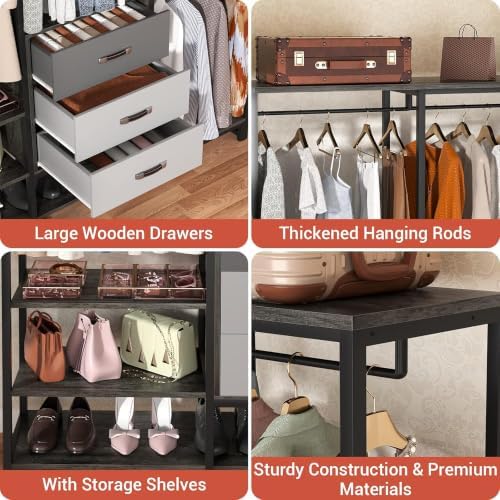 Freestanding Closet Organizer System with 3 Drawers, 6FT Heavy Duty Clothing Rack with Shelves and 6 Hanging Rods, Large Corner L Shaped Garment Rack, Grey Oak - Image 5
