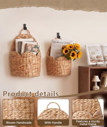 2Pcs Scalloped Wall Baskets, Handwoven Water Hyacinth Hanging Storage, Boho Farmhouse Wall Decor - Image 5