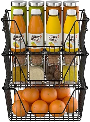 Slideep Wire Storage Baskets, Freezer Baskets Farmhouse Stackable Organizer Storage Bins Large Organizer for Storage, Office, Bathroom, Pantry Organization Storage with Handles 14" Black -Set of 3 - Image 2