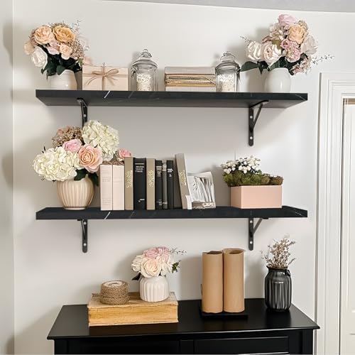Kaboon 36 inch Long 10 inch Deep Floating Shelves for Wall Set of 2, Large Open Shelves Wall Mounted, Space Saving Home and Commercial Use, Cloud Atlas/Black Marble - Image 5