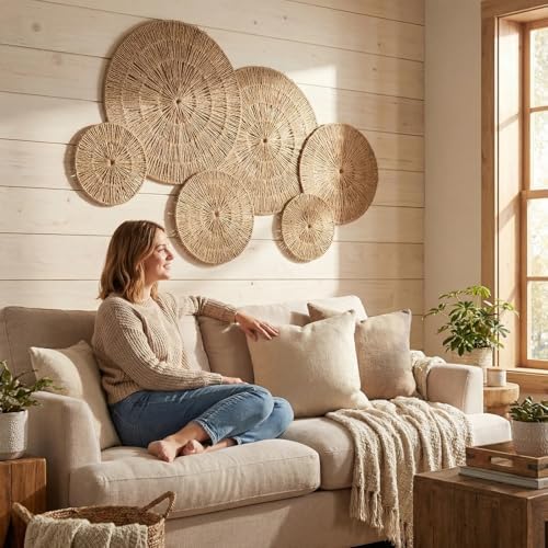Acidea Jute Wall Decor Baskets, Set of 6 Extra Large Woven Rattan Wall Plates, Boho Decorative Wicker Hanging Baskets for Wall Arts, 22", 21", 15", 13", 11", 10", for Bedroom, Living Room, Entryway - Image 6