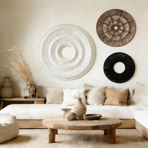 Bergamot Set of 3 Extra Large 3D Textured Neutral Abstract Wall Decor, Cotton Rope Round Woven Wall Baskets, Modern Minimalist Wall Art for Living Room, Bedroom,25 Inch,17.7 Inch, 13.7 Inch - Image 3