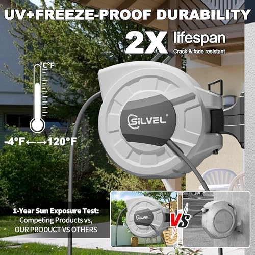 Retractable Garden Hose Reel, 1/2" x 100ft Wall Mount Heavy Duty Automatic Hose Reel with 10 Pattern Nozzle, Any Length Lock & Slow Return System, 180°Swivel Bracket Upgraded UV Resistant,Light Grey - Image 4