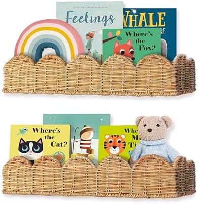 VIVIKA Nursery Book Shelves, Natural Rattan Scalloped, 15.8" W, Set of 2 by Vivika