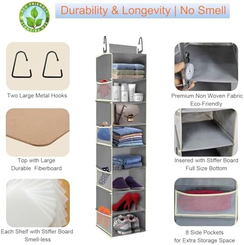 2 Pack Large-Sized Hanging Shoe Organizer 8-Shelf, Hanging Closet Organizer with 8 Side Pockets, Wider Hanging Shelves for Storage Shoes Clothes 9" W × 11.8" D× 48" H, Grey. - Image 5