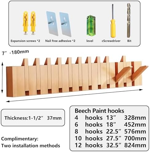 Paint Wood Wall Mounted Coat RackHooks Piano Key Hangers Natural Solid Wood Hanger Non-Woven Fabric Clothes Hangers for Closet, Kitchen, Bedroom, Bathroom, Entryway（Beech 6 Hooks） - Image 3