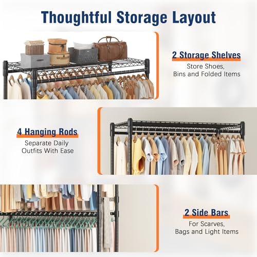 Homdox Heavy Duty Rolling Clothes Rack, Adjustable Clothing Rack for Hanging Clothes, Portable Closet Rack with 4 Hanging Rods, 2 Storage Shelves, 35.5" W x 20.5" D x 80" H, Black - Image 6