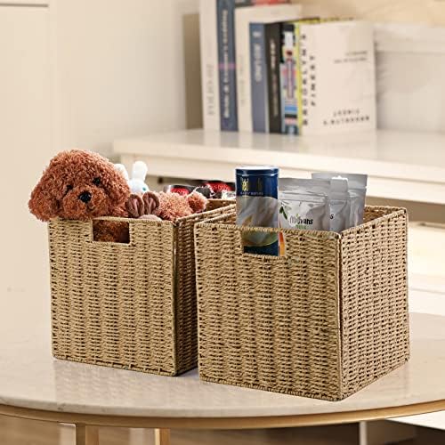 Vagusicc Wicker Baskets, Set of 2 Hand-Woven Storage Baskets for Shelves with Handles, Foldable Cube Wicker Storage Basket Bins Organizer 13 Inches Large Woven Baskets for Storage Organizing & Decor - Image 3