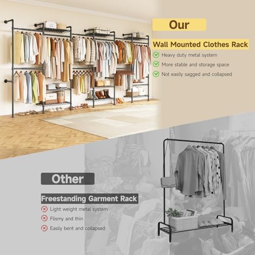 ONBRILL H6 Wall Mounted Closet System, Industrial Pipe Clothes Rack, Black - Image 6