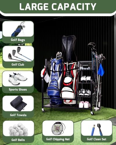 Golf Bag Storage Organizer Rack for Garage, Golf Bag Stand with Rolling Wheels, Heavy-Duty Metal Golf Equipment Organizer for Home, Garage, Clubhouse - Image 2
