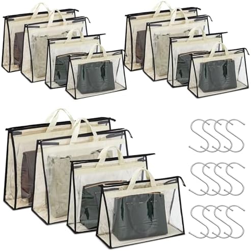 12 Packs Dust Bags for Handbags, Clear Handbag Storage, Purse Storage Organizer for Closet, Purse Cover Hanging Closet Organizer with Zipper and Handles by Interesse