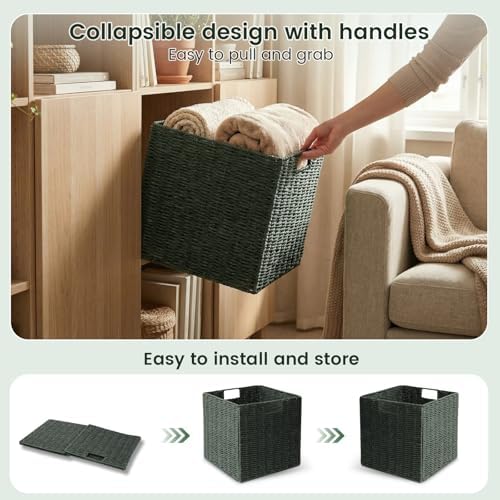 Set of 2 Hand-Woven Paper Rope Wicker Baskets, Storage Basket, Foldable Cube Storage Bins, Green Storage Cubes, Square Baskets for Organizing Shelves, 12x12x12in - Image 5