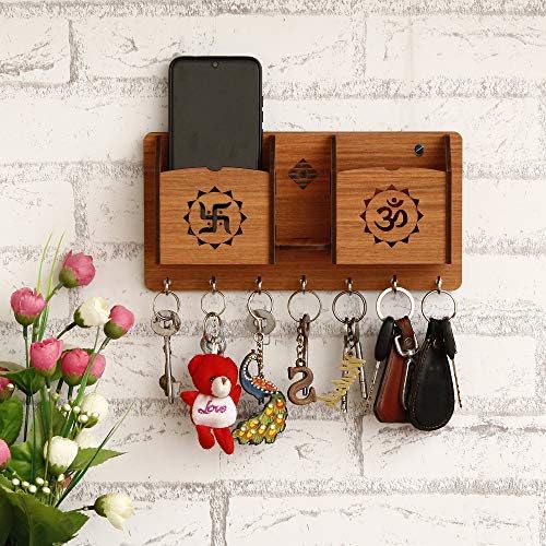 Webelkart Designer Om Swastika Shelf-Brown Wall Shelves Wooden Shelf, Keyholder (with 7 Keys Hooks) - Image 2