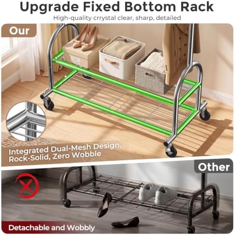 Heavy Duty Metal Clothes Rack Load 586 LBS, Height‑Adjustable Rolling Garment Rack for Hanging Clothes, Sturdy Wheel Clothing Rack with 2 Shelves, Portable Closet Wardrobe Organizer Rack, Silver - Image 5