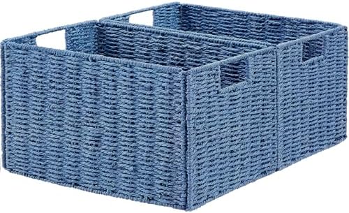 Vagusicc Wicker Storage Basket, Set of 2 Hand-Woven Paper Rope Wicker Basket, Small Storage Baskets for Organizing Toilet Paper Basket, Foldable Large Cube Storage Organizer Bins for Shelves (Blue) by Vagusicc
