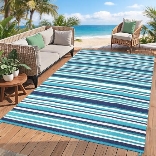 Garvee Modern Striped Lines 10x14 Outdoor Rug Colorful Striped Blue Rug by Garvee