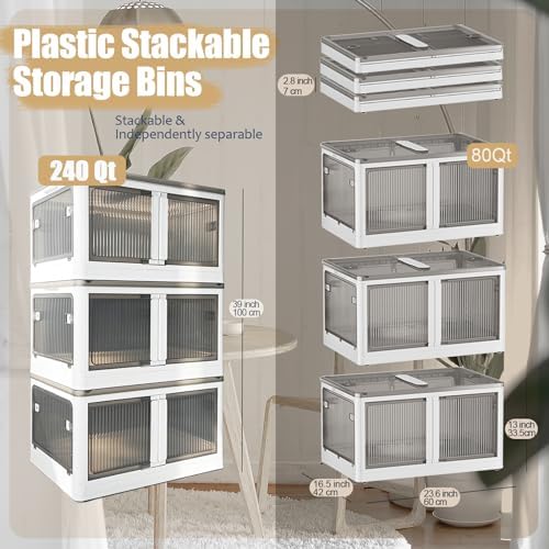 Stackable Storage Bins with Doors - 3 Tier 80Qt Each Plastic Collapsible Storage Bins with Wheels, Foldable Storage Cabinet for Closet Organizers(60 Gal/240 Qt) - Image 2