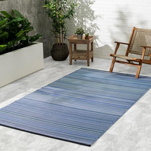 Fab Habitat Outdoor Rug - Waterproof, Fade Resistant, Crease-Free - Premium Recycled Plastic - Striped - Patio, Porch, Deck, Balcony - Cancun - Indigo - 5 x 8 ft by FabHabitat