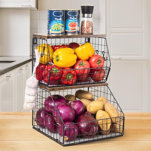Mefirt Fruit Basket, Stackable Wall Mounted Fruit Baskets, Potato Baskets Onion Storage for Kitchen, Hanging Wire Basket with Wood Lid, 2-Tier Vegetable Organizer Kitchen Countertop Organization by Mefirt