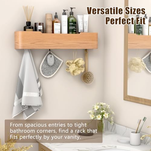 Coat Rack Wall Mount with Hidden Hooks, Wall Hooks with Shelf, Wall Key Holder Mount Wooden Shelf Entryway Hooks for Bedroom Bathroom for Hanging Coats Hats Bags Towels (Oak, 5 Hooks) - Image 4