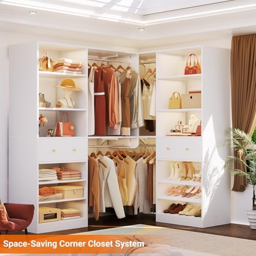 [10 FT Closet System] 120 Inch Reversible Set of 2 Wood Closet Organizer System with 2 Drawers, 4 Hanging Rods Adjustable Shelf, Walk In Closet Organizers with Shoe Rack, Garment Rack, White - Image 7