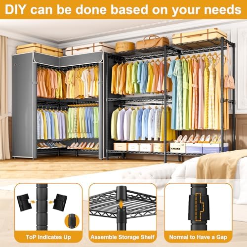 ULIFHOME E15C Garment Rack L Shaped Clothes Rack for Corner，Freestanding Clothing Racks for Hanging Clothes，Heavy Duty Closet Organizer 43.4"W x 15.8"D x 78.4"H，Black Rack with Grey Dustproof Cover - Image 6