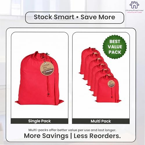 LFH Home Cotton Rich Large Premium Canvas Laundry Bag, Heavy Duty Washable Laundry Hamper with Drawstring & Handles, Multi-Use Clothes Storage for Home, Travel & College, 28"x36" (Pack of 6) - Red - Image 4