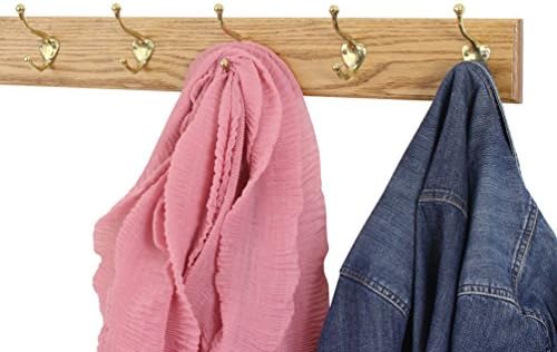 Solid Oak Coat Rack with Solid Brass Hat and Coat Style Hooks - Made in The USA (Golden Oak, 25.5" x 3.5" with 5 Hooks) - Image 2