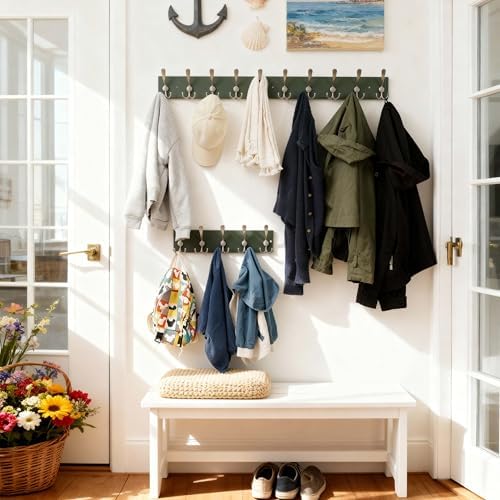 SKOLOO Creations Forest Green Solid Wood Wall Mounted Coat Rack, 10 Hooks, 38-1/8" Long - Kitchen, Mudroom, Entryway, Bathroom - Includes Mounting Hardware, Wall Coat Hanger, Towel Rack, Pack of 2 - Image 6