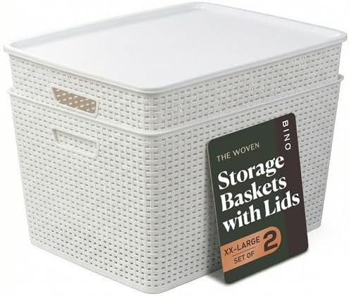BINO | Plastic Storage Baskets with Lids, 45 Liter - 3 Pack, White | THE WOVEN COLLECTION | Storage Basket for Shelves | Woven Storage Baskets for Organizing Bins Pantry Shelf Organizer Container Bin by BINO