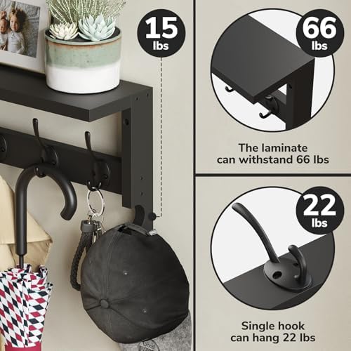 AMBIRD Coat Rack Wall Mount with Shelf, 17.1 Inches Coat Hooks Wall Mounted, Hat Wall Hooks for Hanging in Entryway, Living Room, Bathroom, Bedroom (Black) - Image 3