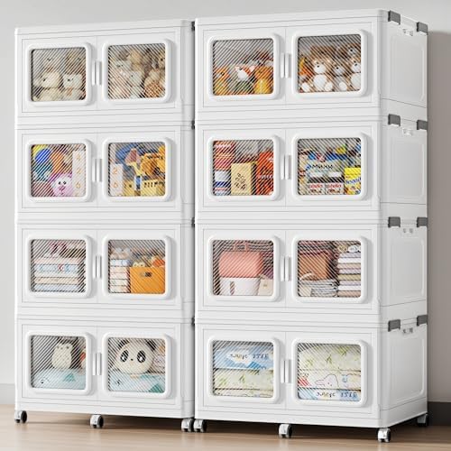 BROVIEW 440Gal Storage Bins, 1760Qt Extra Large Stackable Storage Box with Lids & Wheels - Heavy Duty Collapsible Plastic Cabinets, Open Front Door for Sundries in Home & Office, White 8 Pack by BROVIEW-EnjoytheArtofLife
