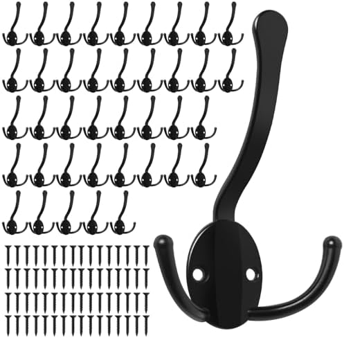 Homanu 40 Pack Coat Hooks Heavy Duty, Metal Three Prongs Large Coat Hooks Wall Mounted with 80 Screws, No Rust Black Rustic Wall Hooks for Hanging Towel, Coat, Scarf, Bag, Hat, Cup, Key by Homanu