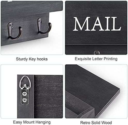 DLQuarts Solid Wood Mail Organizer with Key Holder for Wall, Mail Sorter Wall Mounted, Decorative Wooden Key and Mail Holder with 3 Hooks, Matte Black - Image 4