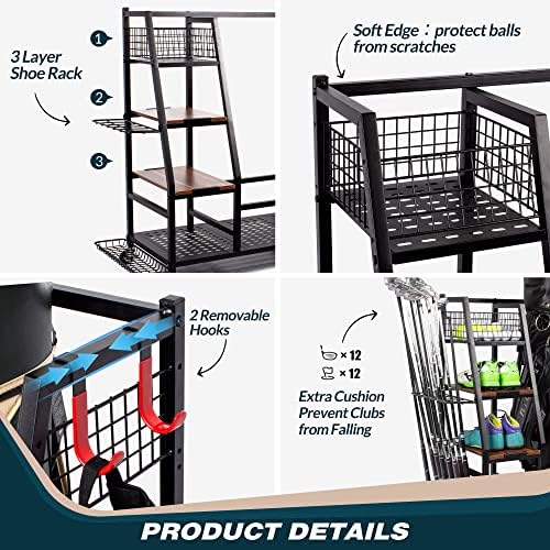 Sttoraboks Golf Bags Storage Garage Organizer, Golf Bag Rack Fits 2/3 Golf Bags and Golf Equipment Accessories, Golf Club Storage Stand with Wooden Shelf and Lockable Wheels for Garage Indoor Basement - Image 3