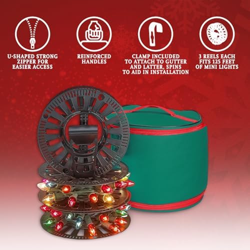 Premium Christmas Light Storage Bag – Heavy-Duty 600D Tear-Proof Material with Reinforced Handles – Includes 3 Reels, Stores up to 375 Ft of Mini Lights & Extension Cords – Green with PVC Lining - Image 2