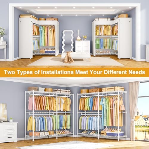 ULIFHOME E15C Garment Rack L Shaped Clothes Rack for Corner，Freestanding Clothing Racks for Hanging Clothes，Heavy Duty Closet Organizer 43.4"W x 15.8"D x 78.4"H，White Rack with White Dustproof Cover - Image 5