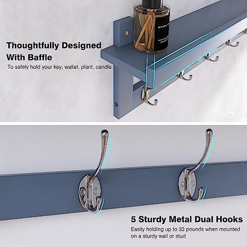 SMIBUY Coat Hooks with Shelf Wall-Mounted, 29.2 Inch Entryway Coat Rack for Wall, Bamboo Hanging Shelf with 5 Double Metal Hooks for Bathroom, Bedroom, Kitchen, Living Room, Mudroom (Grey) - Image 5